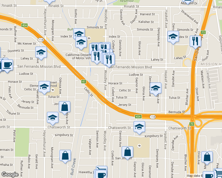map of restaurants, bars, coffee shops, grocery stores, and more near 10937 Collett Avenue in Los Angeles