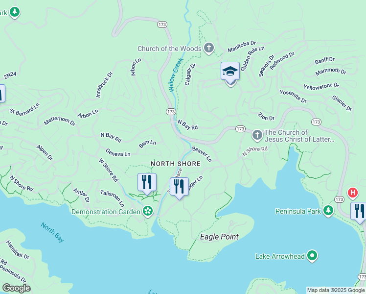 map of restaurants, bars, coffee shops, grocery stores, and more near 1076 Beaver Lane in Lake Arrowhead