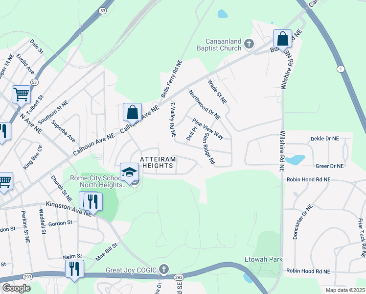 map of restaurants, bars, coffee shops, grocery stores, and more near 112 East Valley Road Northeast in Rome