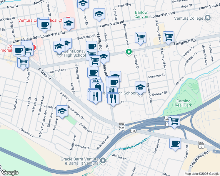 map of restaurants, bars, coffee shops, grocery stores, and more near 355 S Mills Rd in Ventura