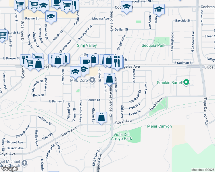 map of restaurants, bars, coffee shops, grocery stores, and more near 1786 Olympic Street in Simi Valley