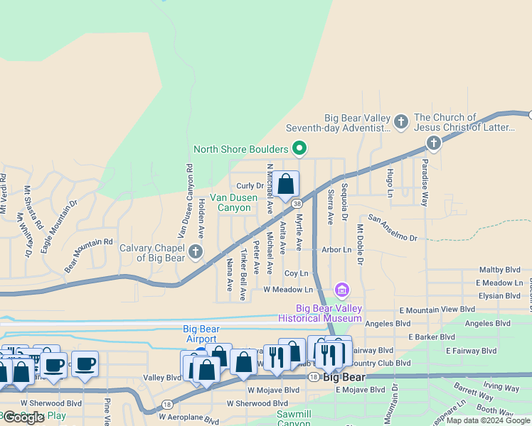 map of restaurants, bars, coffee shops, grocery stores, and more near 1001 Michael Avenue in Big Bear