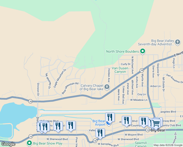 map of restaurants, bars, coffee shops, grocery stores, and more near 1051 Mound Street in Big Bear