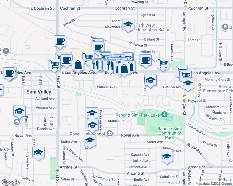 map of restaurants, bars, coffee shops, grocery stores, and more near 1448 Patricia Avenue in Simi Valley