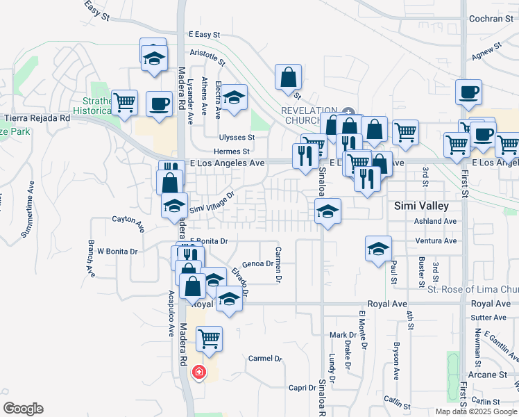 map of restaurants, bars, coffee shops, grocery stores, and more near 1739 Larksberry Lane in Simi Valley