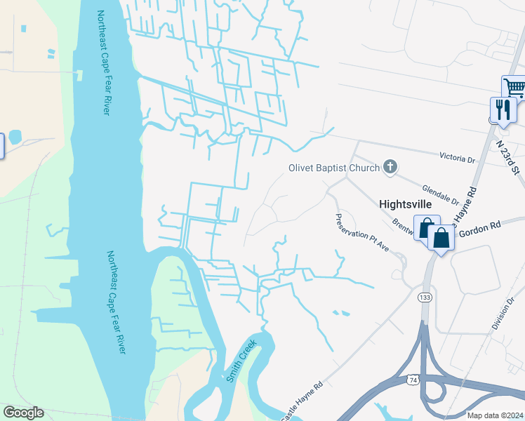 map of restaurants, bars, coffee shops, grocery stores, and more near 1521 Castle Hayne Road in Wilmington
