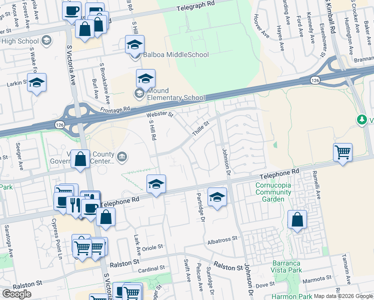 map of restaurants, bars, coffee shops, grocery stores, and more near 825 Murdoch Lane in Ventura