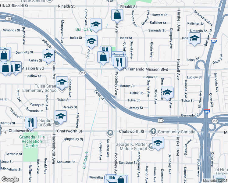 map of restaurants, bars, coffee shops, grocery stores, and more near 10933 Woodley Avenue in Los Angeles