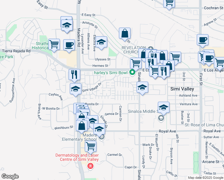 map of restaurants, bars, coffee shops, grocery stores, and more near 273 Springmist Lane in Simi Valley