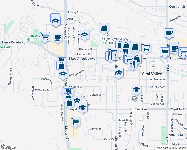 map of restaurants, bars, coffee shops, grocery stores, and more near 273 Springmist Lane in Simi Valley