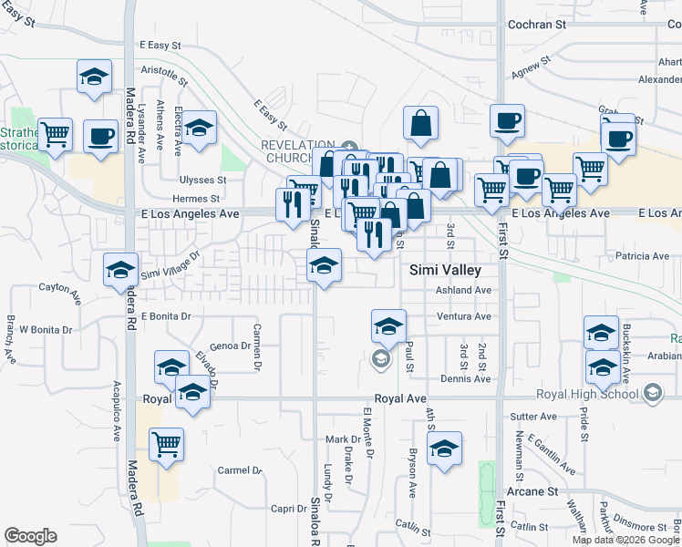 map of restaurants, bars, coffee shops, grocery stores, and more near 1712 Sinaloa Road in Simi Valley