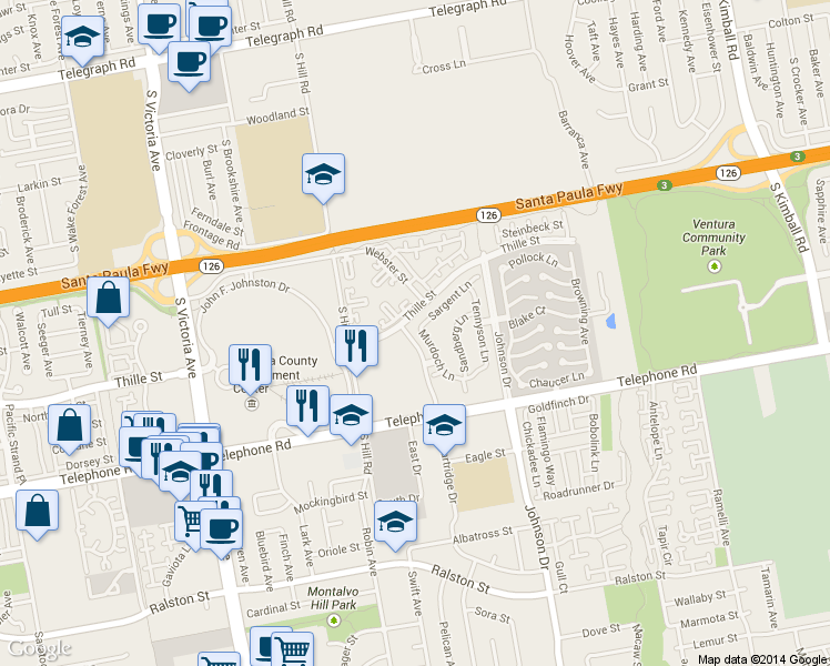 map of restaurants, bars, coffee shops, grocery stores, and more near 825 Murdoch Lane in Ventura