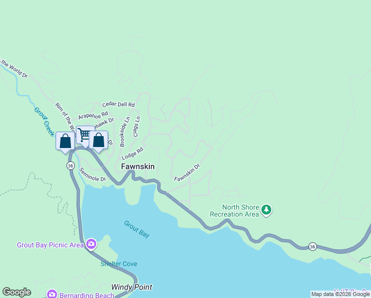 map of restaurants, bars, coffee shops, grocery stores, and more near 39576 Oakglen Road in Fawnskin