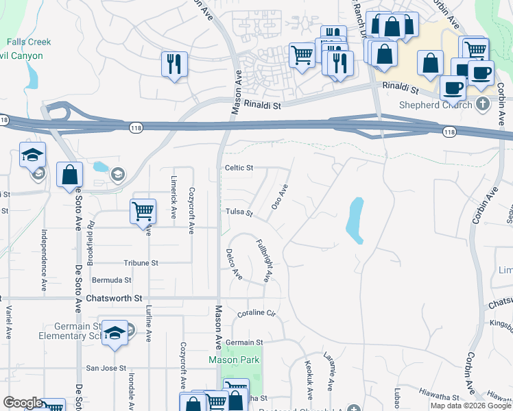 map of restaurants, bars, coffee shops, grocery stores, and more near 10942 Fullbright Avenue in Los Angeles