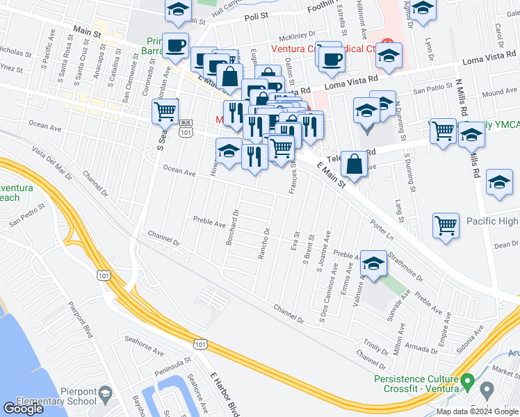map of restaurants, bars, coffee shops, grocery stores, and more near 2730 Vancouver Avenue in Ventura