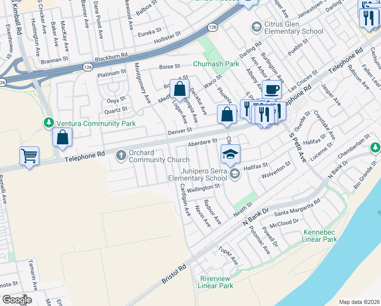 map of restaurants, bars, coffee shops, grocery stores, and more near 1218 Rugby Avenue in Ventura