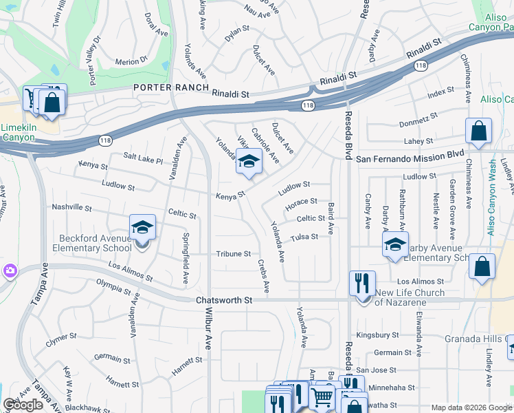 map of restaurants, bars, coffee shops, grocery stores, and more near 10939 Yolanda Avenue in Los Angeles