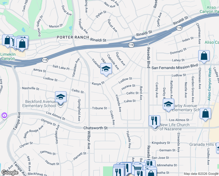 map of restaurants, bars, coffee shops, grocery stores, and more near 10939 Yolanda Avenue in Los Angeles