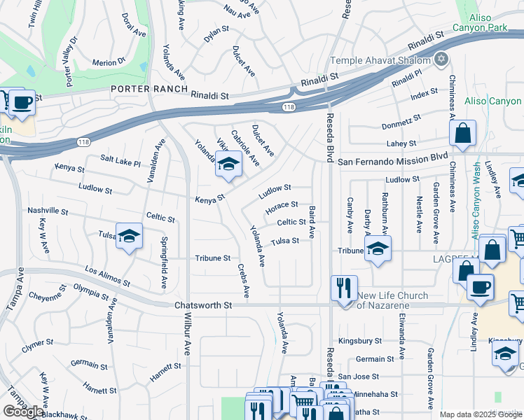 map of restaurants, bars, coffee shops, grocery stores, and more near 18677 Horace Street in Los Angeles