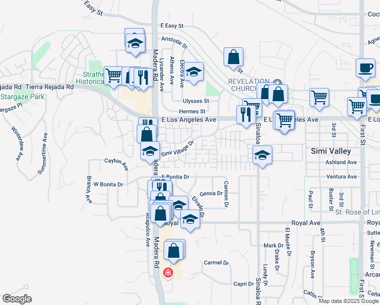 map of restaurants, bars, coffee shops, grocery stores, and more near 136 Nightwind Lane in Simi Valley