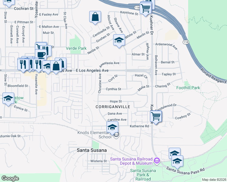 map of restaurants, bars, coffee shops, grocery stores, and more near 6290 Cynthia Street in Simi Valley