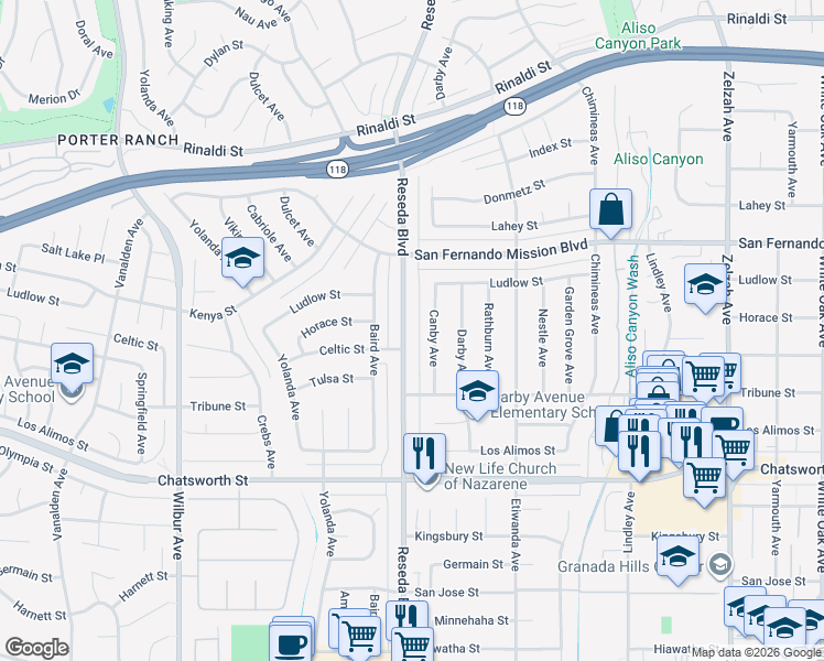 map of restaurants, bars, coffee shops, grocery stores, and more near 10910 Reseda Boulevard in Los Angeles