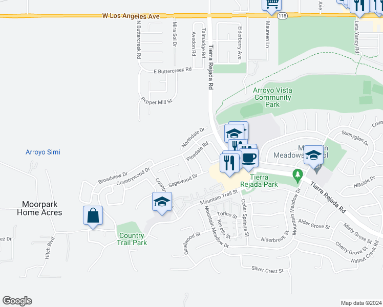 map of restaurants, bars, coffee shops, grocery stores, and more near 11627 Pinedale Road in Moorpark