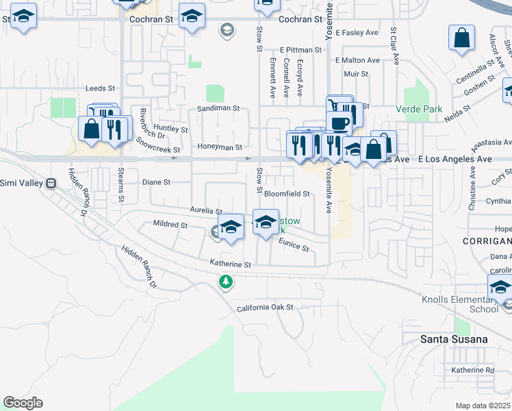 map of restaurants, bars, coffee shops, grocery stores, and more near 1769 Stow St in Simi Valley