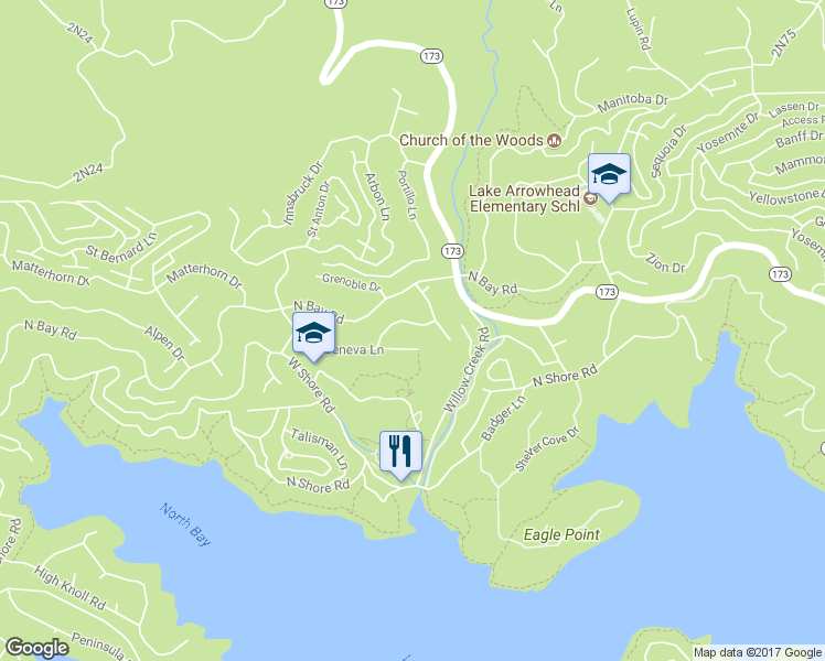 map of restaurants, bars, coffee shops, grocery stores, and more near 28287 Bern Lane in Lake Arrowhead