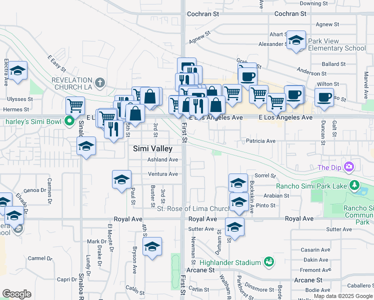map of restaurants, bars, coffee shops, grocery stores, and more near 1750 1st Street in Simi Valley