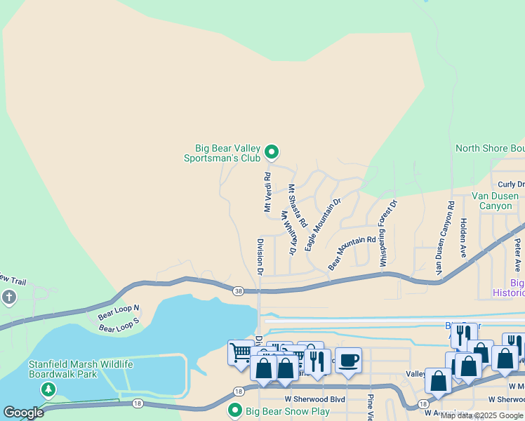 map of restaurants, bars, coffee shops, grocery stores, and more near 1095 Mount Verdi Road in Big Bear