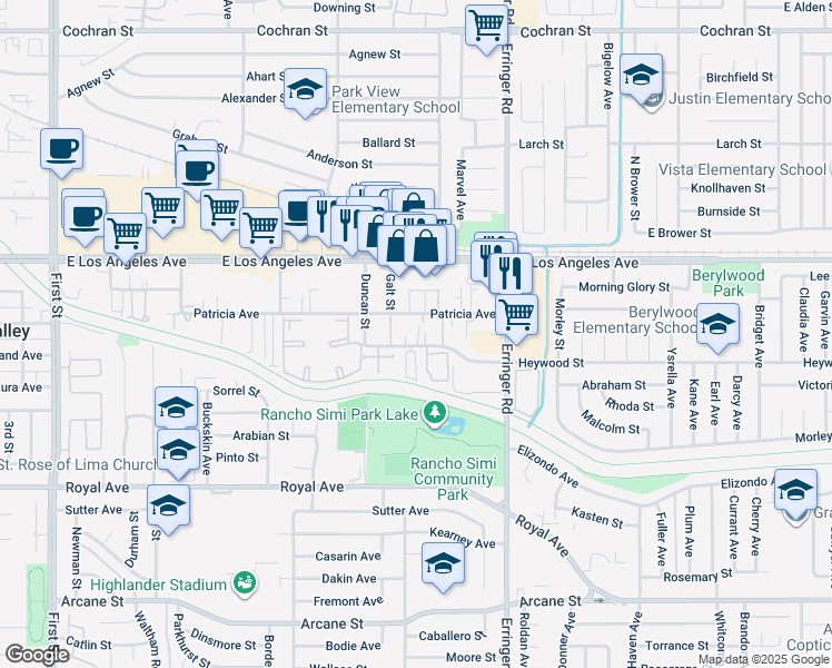 map of restaurants, bars, coffee shops, grocery stores, and more near 1755 Heywood Street in Simi Valley