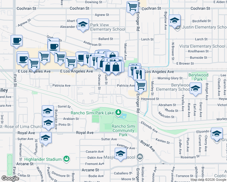 map of restaurants, bars, coffee shops, grocery stores, and more near 1755 Heywood Street in Simi Valley