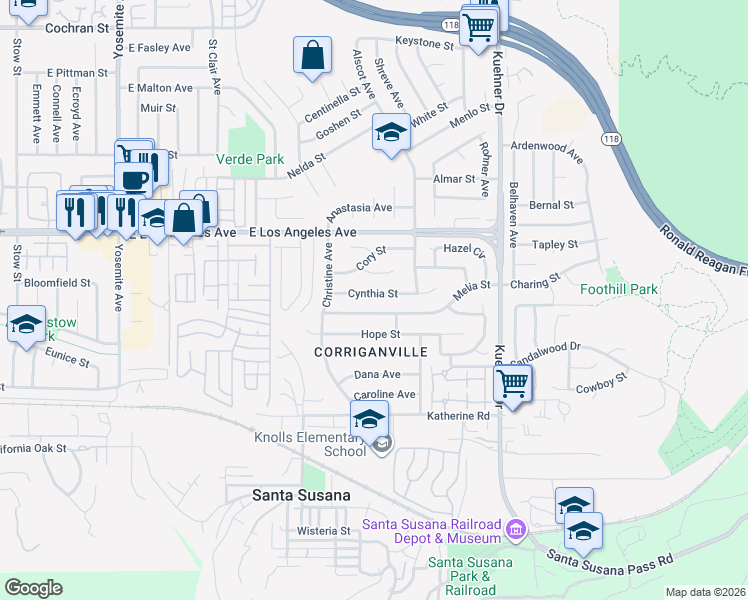 map of restaurants, bars, coffee shops, grocery stores, and more near 6290 Cynthia Street in Simi Valley