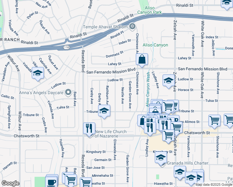 map of restaurants, bars, coffee shops, grocery stores, and more near 10946 Etiwanda Avenue in Los Angeles