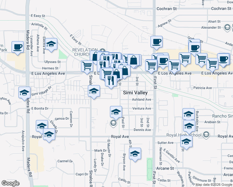 map of restaurants, bars, coffee shops, grocery stores, and more near 1736 Sinaloa Road in Simi Valley