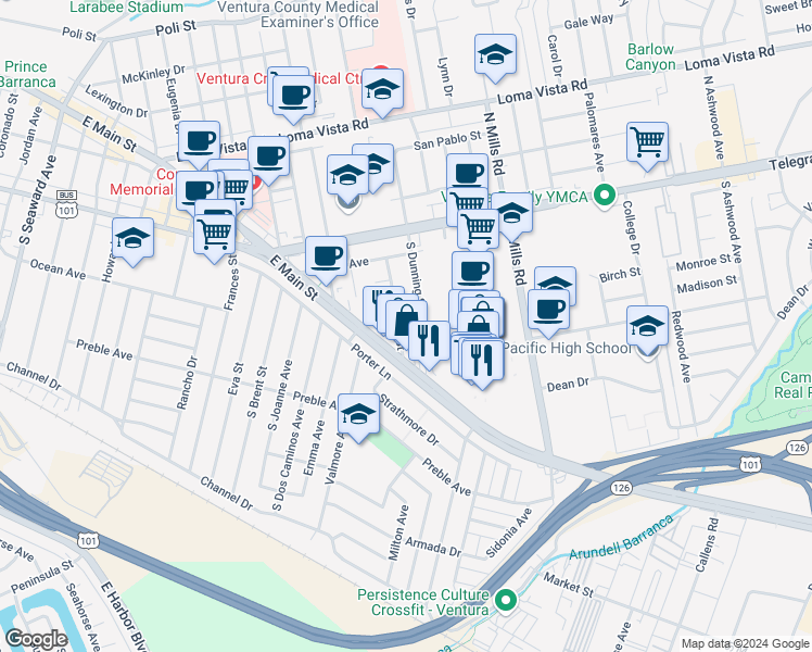 map of restaurants, bars, coffee shops, grocery stores, and more near 216 Lang Street in Ventura