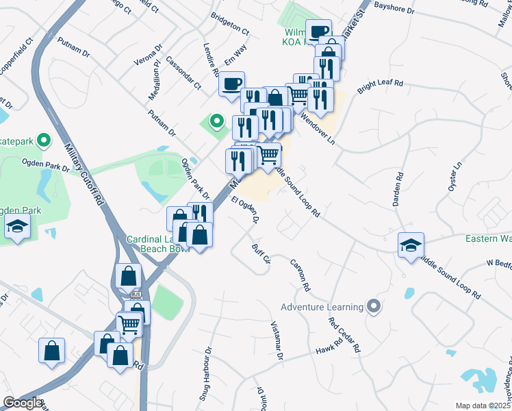 map of restaurants, bars, coffee shops, grocery stores, and more near 133 El Ogden Drive in Wilmington