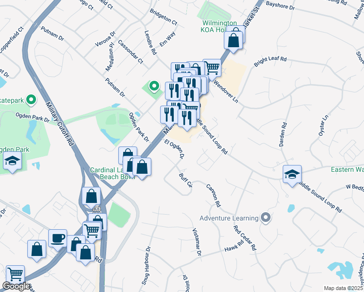 map of restaurants, bars, coffee shops, grocery stores, and more near 133 El Ogden Drive in Wilmington