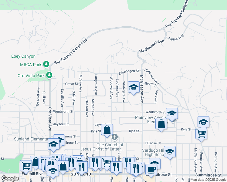 map of restaurants, bars, coffee shops, grocery stores, and more near 11022 Woodward Avenue in Los Angeles