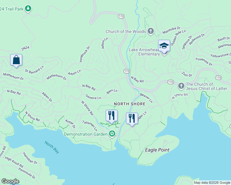map of restaurants, bars, coffee shops, grocery stores, and more near 28287 Bern Lane in Lake Arrowhead