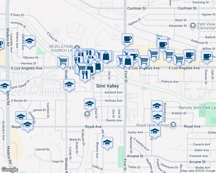 map of restaurants, bars, coffee shops, grocery stores, and more near 864 Pacific Avenue in Simi Valley