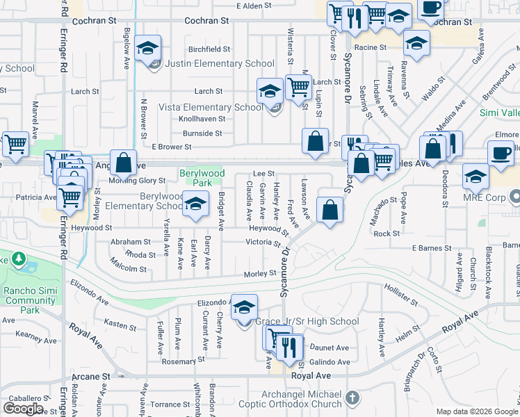 map of restaurants, bars, coffee shops, grocery stores, and more near 1734 Garvin Avenue in Simi Valley