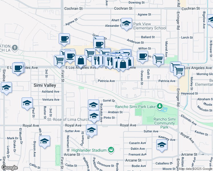 map of restaurants, bars, coffee shops, grocery stores, and more near 1448 Patricia Avenue in Simi Valley