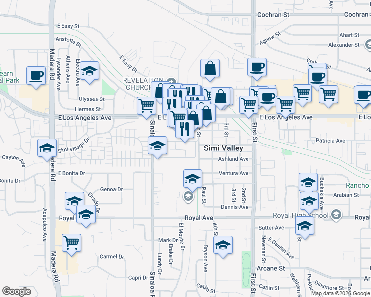 map of restaurants, bars, coffee shops, grocery stores, and more near 1760 Sinaloa Villa Road in Simi Valley