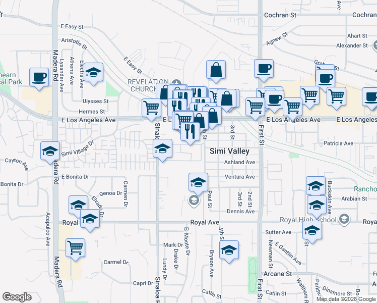 map of restaurants, bars, coffee shops, grocery stores, and more near 1760 Sinaloa Villa Road in Simi Valley