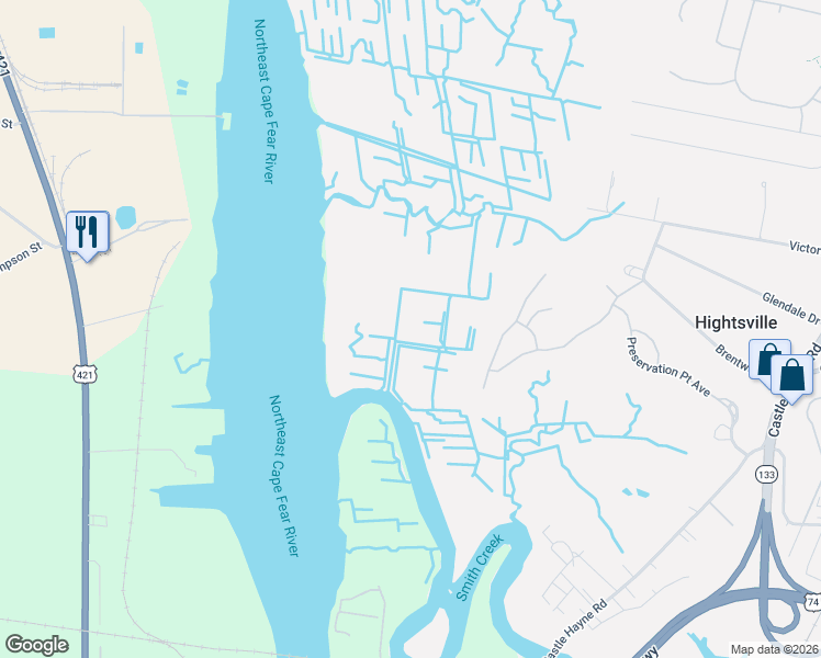 map of restaurants, bars, coffee shops, grocery stores, and more near 1521 Castle Hayne Road in Wilmington