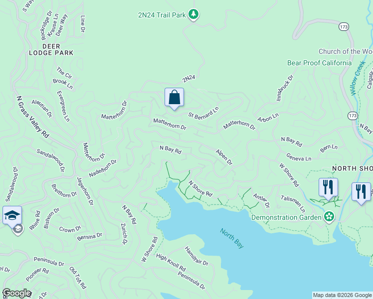 map of restaurants, bars, coffee shops, grocery stores, and more near 27700 North Bay Road in Lake Arrowhead