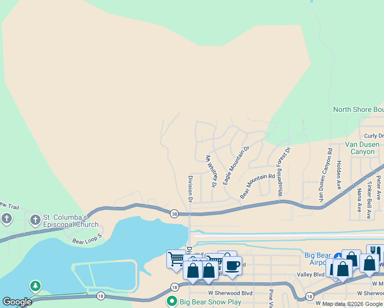 map of restaurants, bars, coffee shops, grocery stores, and more near 1095 Mount Verdi Road in Big Bear