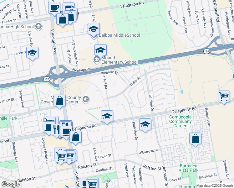 map of restaurants, bars, coffee shops, grocery stores, and more near 6645 Thille Street in Ventura